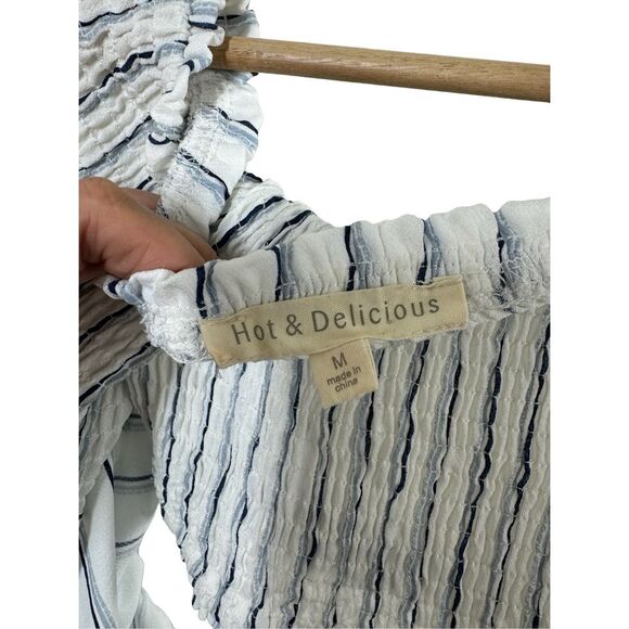 NWOT Hot & Delicious White and Blue Strip Ruffle Long Sleeve Off Shoulder Crop B - Picture 7 of 10